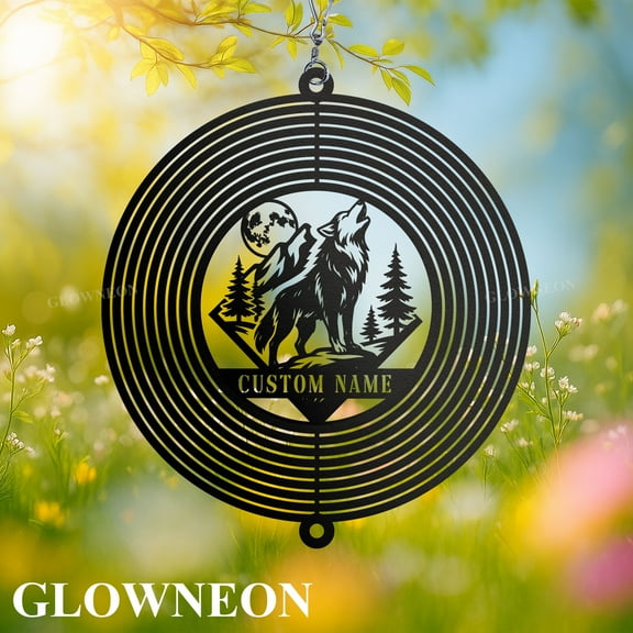 GLOWNEON Custom Wolf Metal Wind Spinner, Outdoor Hanging Garden and Wilderness Yard Decor