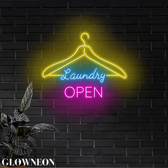 GLOWNEON LED Laundry Open Neon Sign, Hanger Wall Light for Laundry Shops and Cleaning Stores