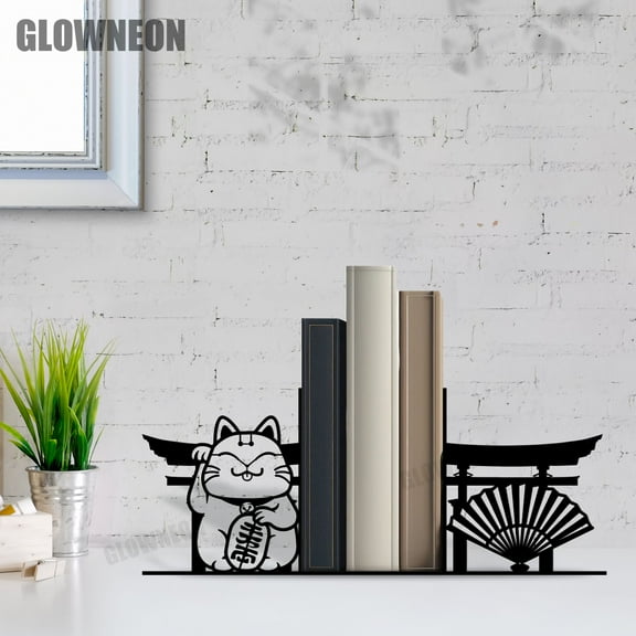 GLOWNEON Lucky Cat Bookend, Decorative Metal Book Stopper for Office, Library, or Bookshelf