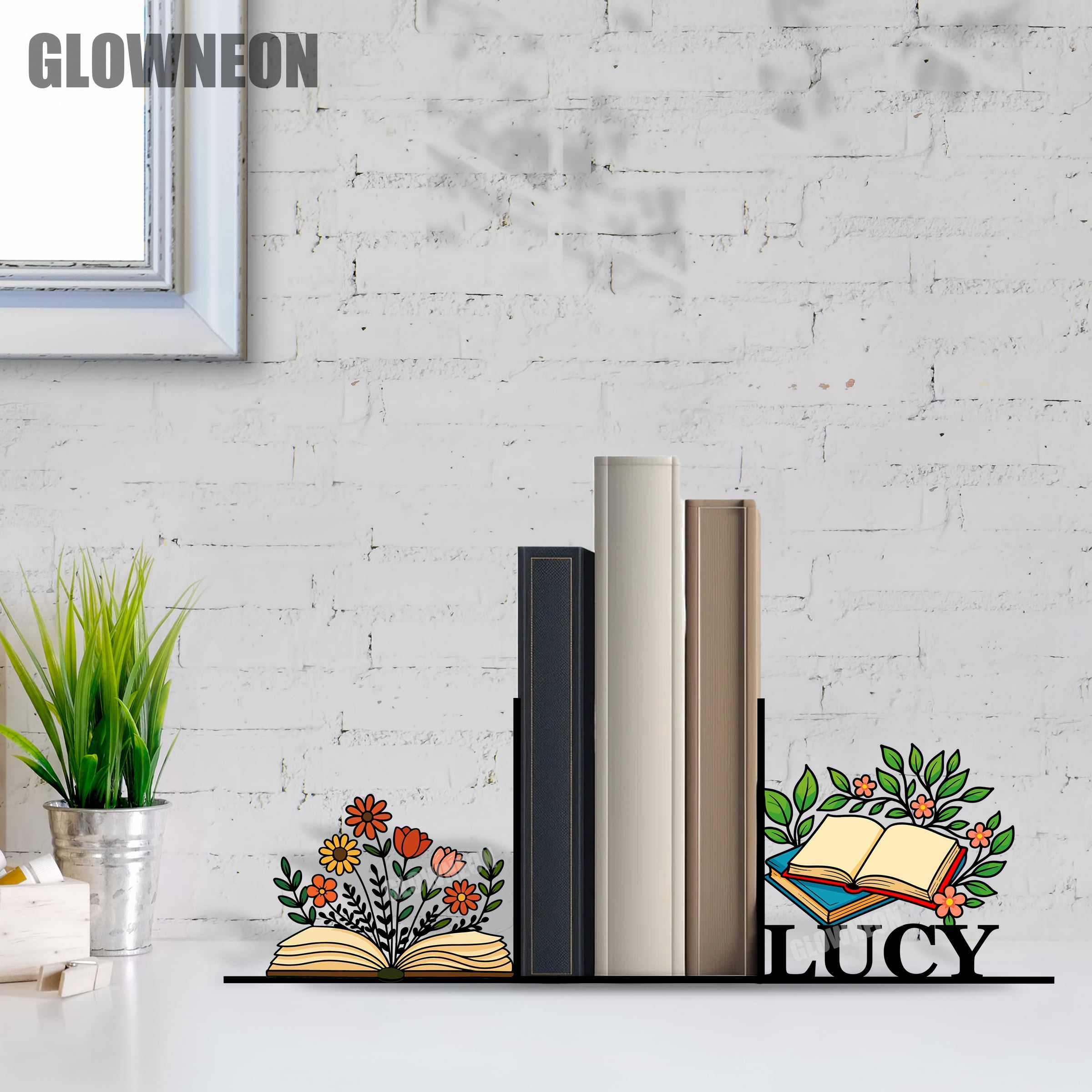 GLOWNEON Metal Bookend with Book and Floral Design, Book Holder Art for ...