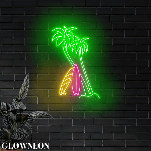 GLOWNEON Ocean Theme Neon Light, Surf & Palm Tree LED Wall Art for Coastal Coffee and Surf Shops