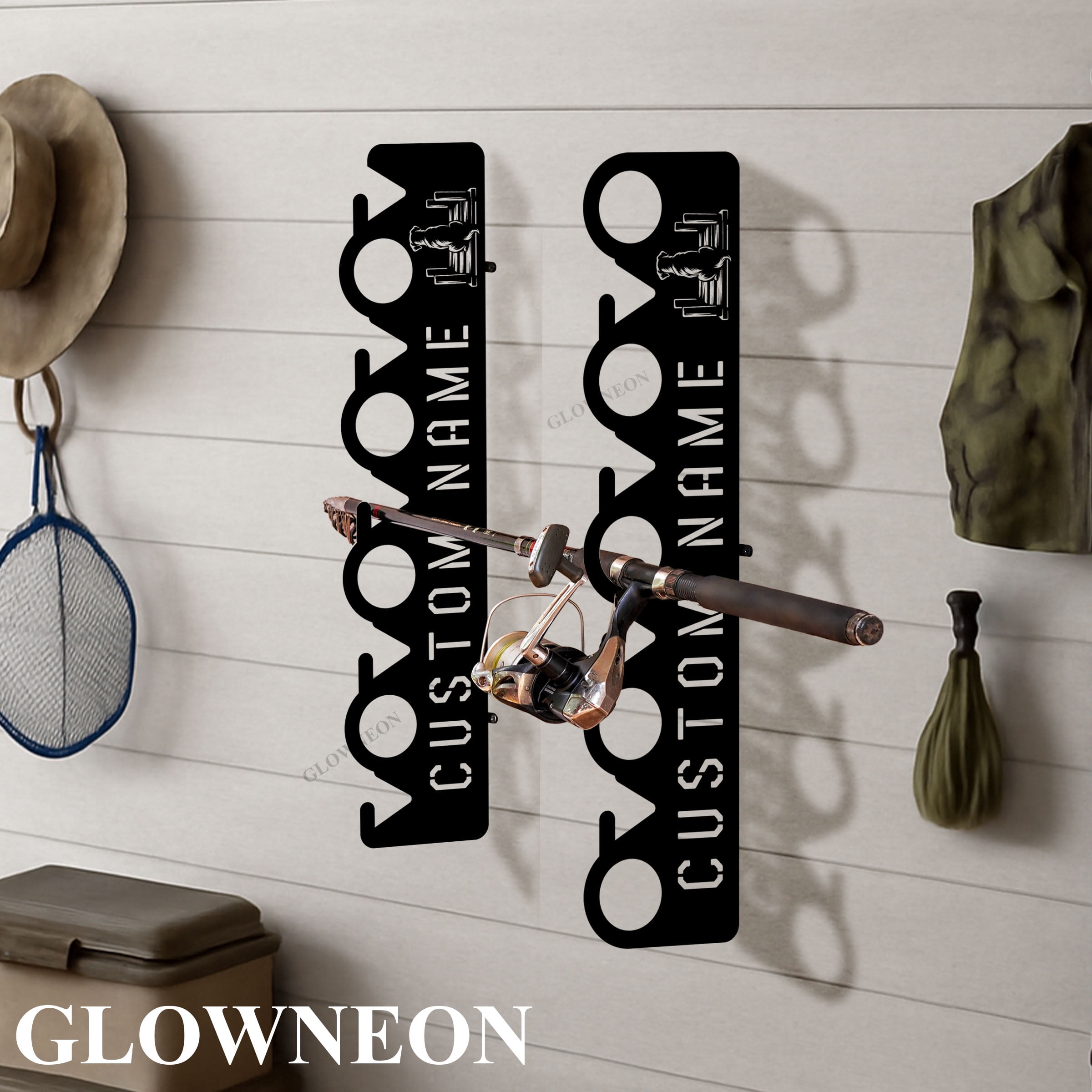 GLOWNEON Personalized Fishing Pole Wall Holder, Metal Rod