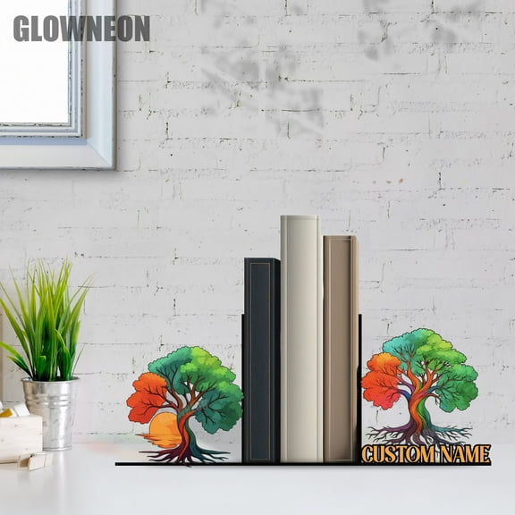 GLOWNEON Tree Metal Bookend, Custom Book Stopper for Bookshelf, Office Decor, Spiritual Gift Idea