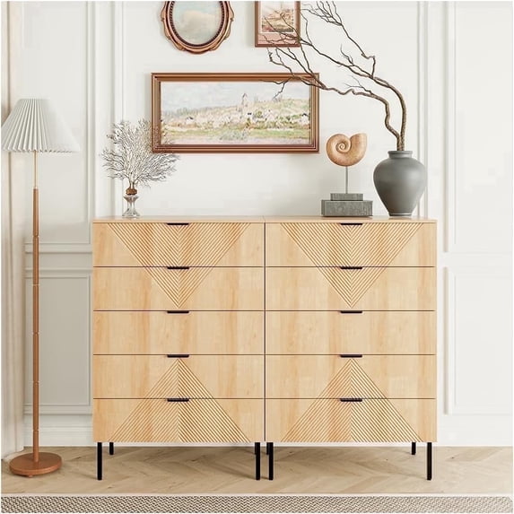 ANHDAH 5-Drawer 47.24'' Tall Wood Drawer, Modern Fluted Dressers for Bedroom, Living Room, Hallway, Entryway, Natural Oak, Set of 2