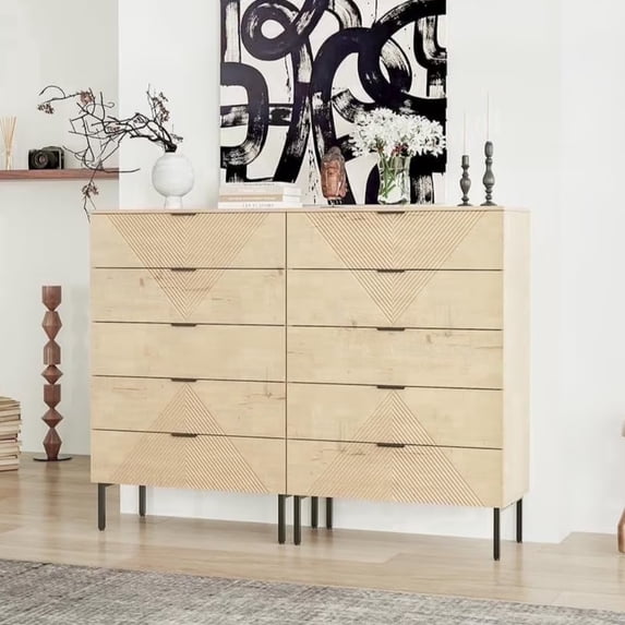 ANHDAH 5-Drawer 47.24'' Tall Wood Drawer, Modern Fluted Dressers for Bedroom, Living Room, Hallway, Entryway, White Oak, Set of 2