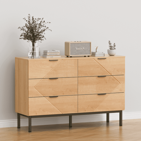 ANHDAH 6 Drawer Dresser for Bedroom, Farmhouse Wood Storage Dresser for Clothes, Living Room, Hallway, Natural Oak