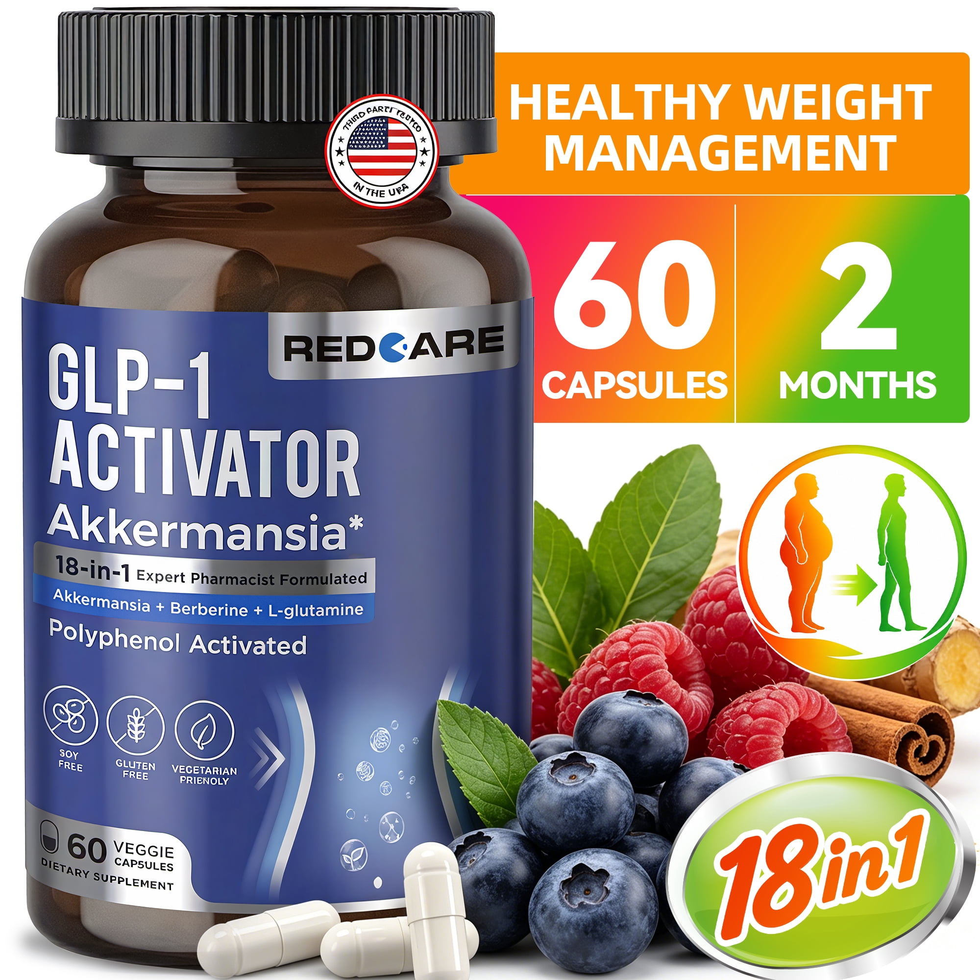 GLP-1 Supplement 18-in-1 Formula with Berberine, Probiotic & Prebiotic Fiber, Gut Health and Metabolism Support, GLP-1 Daily Support with 60 Capsules