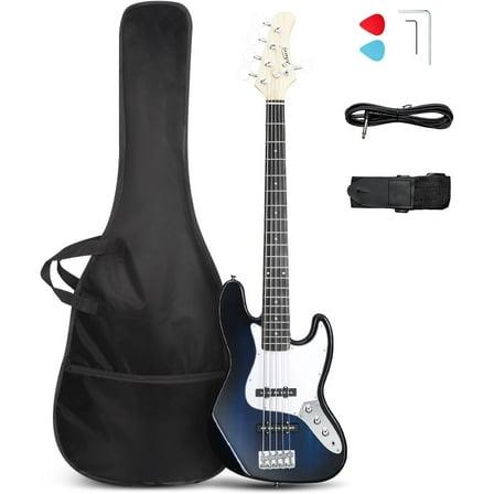 GLRRY 5 String Electric Bass Guitar, Full Size Right Handed Rosewood Fretboard Bass Kit with Strap, Cable and Pick (GJazz - Dark Blue)