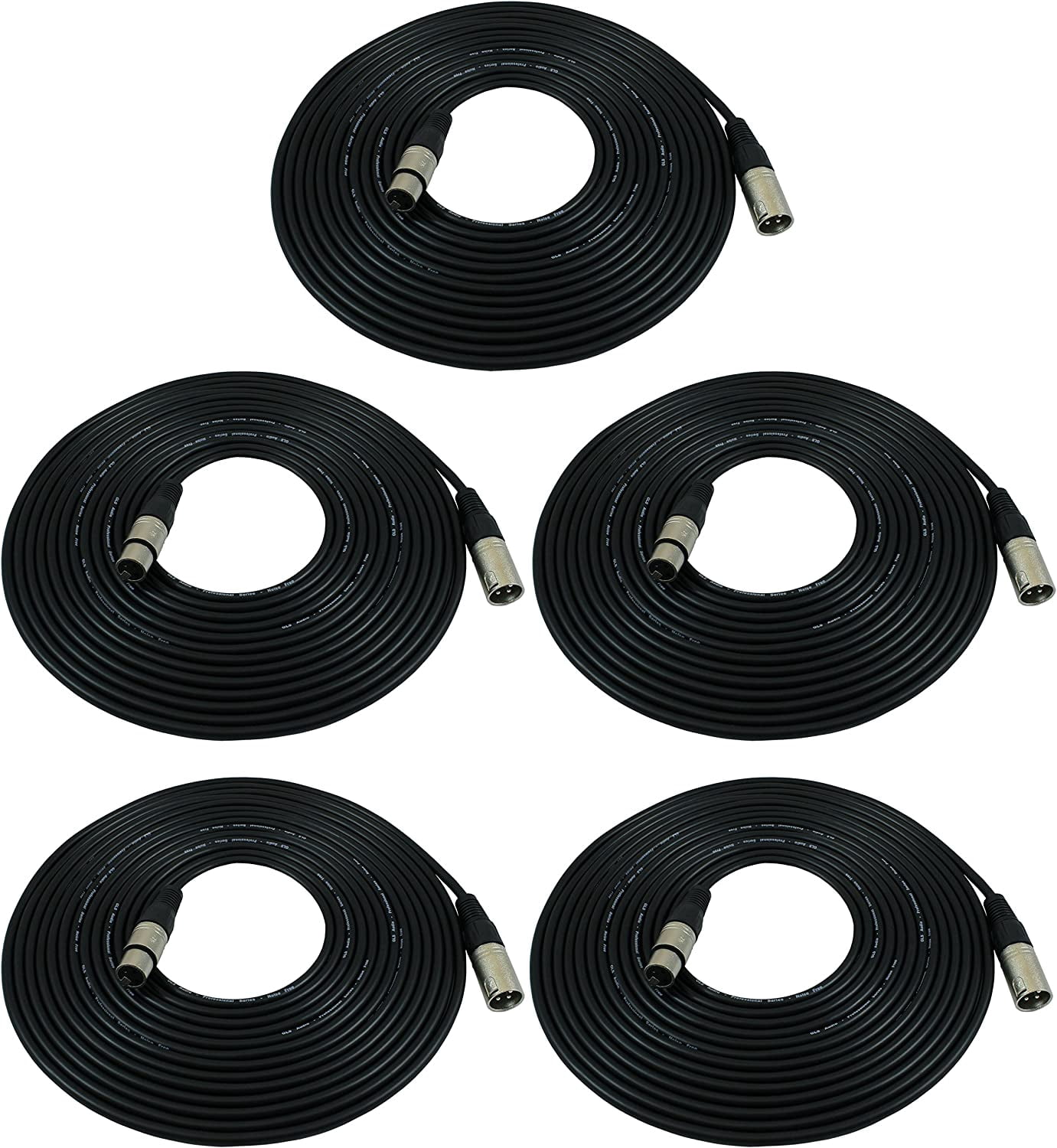 GLS Audio 25ft Mic Cable - XLR Male to XLR Female Black Microphone Cables - 5 Pack