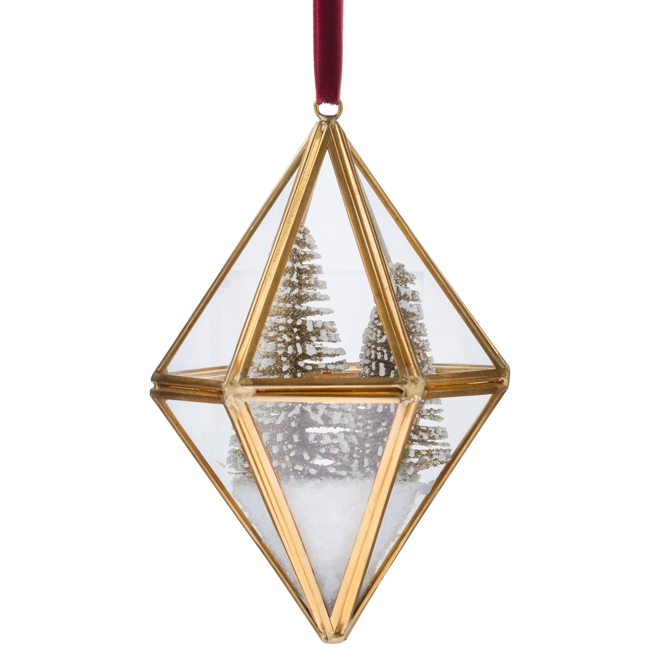 Gold Metal and Glass Diamond with Snow-Flocked Trees Christmas Ornament, 5.3", by Holiday Time