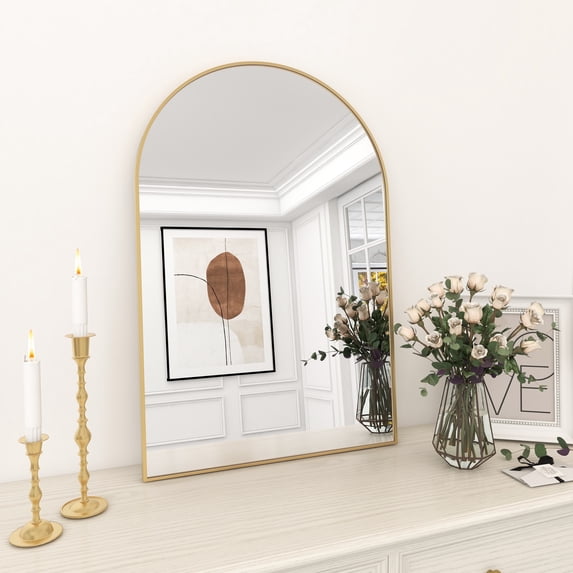 GLSLAND Bathroom Mirror Wall Mirror 20" x 30" Arched Vanity Mirror for Bedroom, Gold