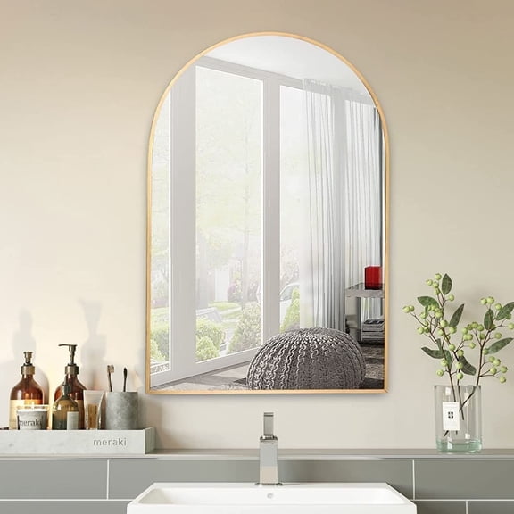 GLSLAND Bathroom Mirror Wall Mirror 24" x 36" Arched Vanity Mirror for Bedroom, Gold