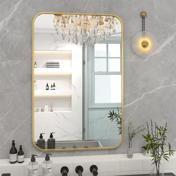 GLSLAND Bathroom Mirror for Wall 24" x 36" Hanging Mirrors with Rectangle Rounded Corners for Bathroom, Bedroom, Living Room, Gold