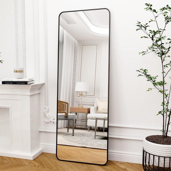 GLSLAND Full Length Mirror 60" x 20" Modern Rectangle Standing Floor Mirror with Round Corners, Black
