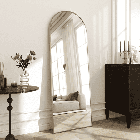 GLSLAND Full Length Mirror Arch Standing Floor Mirror, 64" x 21" Large Arched Wall Mirror Hanging or Leaning Arched-Top Full Body Mirror, Gold