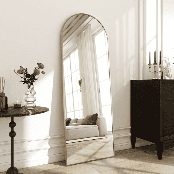 GLSLAND Full Length Mirror Arch Standing Floor Mirror, 64" x 21" Large Arched Wall Mirror Hanging or Leaning Arched-Top Full Body Mirror, Gold