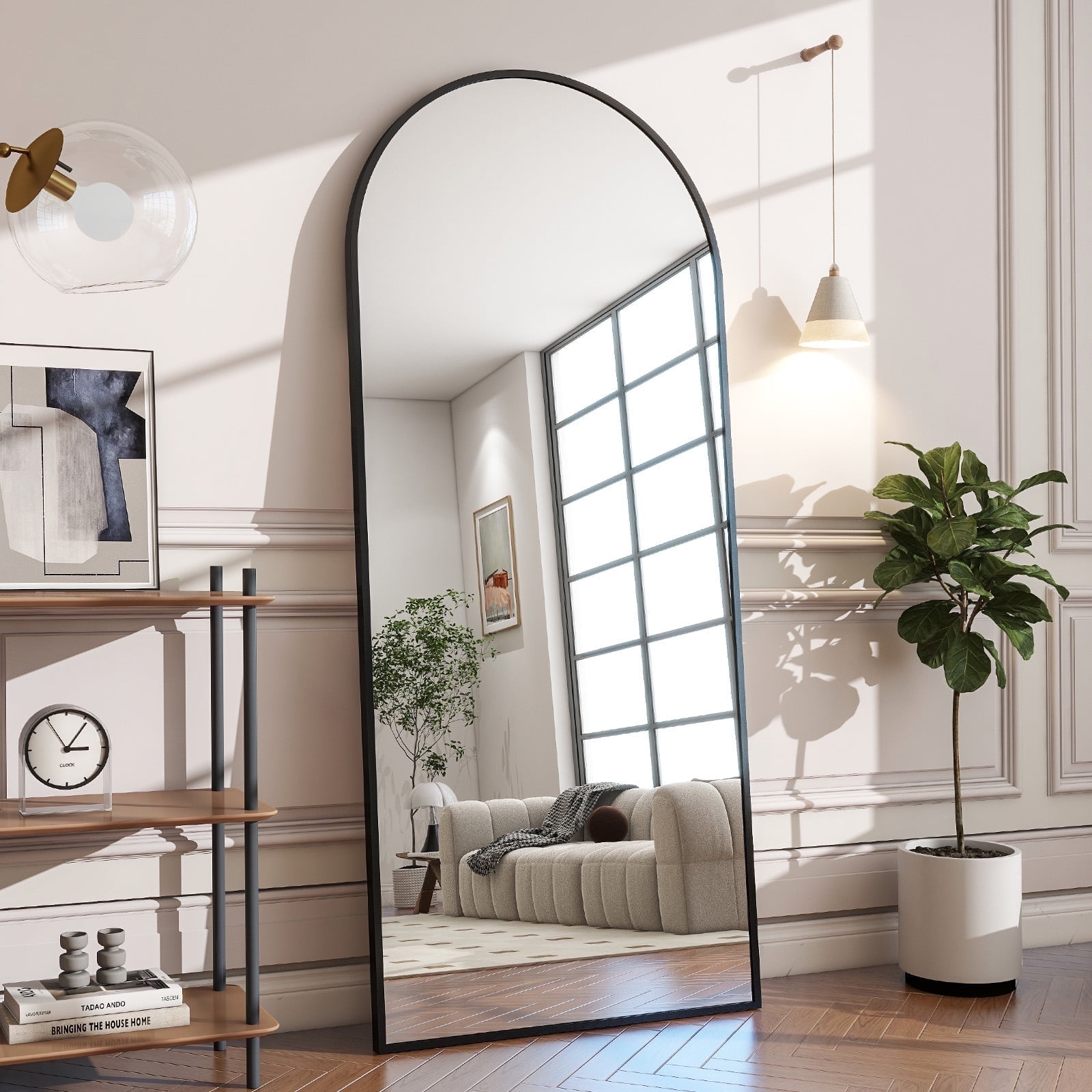 Arched Black Full Length Floor Mirror with Wood Frame