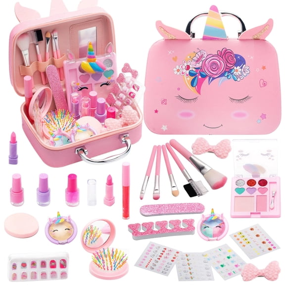 GLUAAE 26PCS Kids Makeup Kit for Girls - Washable Pretend Play Cosmetic Set with Carrying Case, Princess Dress Up Toys for Ages 3-12 (Pink, Perfect Birthday Gift)