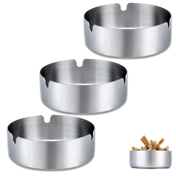 GLUAAE 3 Pack Round Stainless Steel Cigarette Ashtray, Durable Smoking Accessories Ash Holder for Home, Hotel, Restaurant, Indoor, Outdoor (Silver)