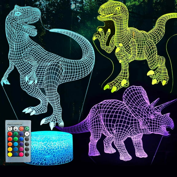 GLUAAE 3D Dinosaur Night Light, 3D Illusion Lamp Three Pattern and 7 Color Change Decor Lamp with Remote Control for Living Bed Room Bar, Best Gift Toys for Boys Girls (Three dinosaurs)