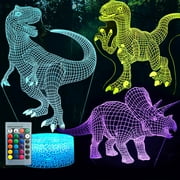 GLUAAE 3D Dinosaur Night Light, 3D Illusion Lamp Three Pattern and 7 Color Change Decor Lamp with Remote Control for Living Bed Room Bar, Best Gift Toys for Boys Girls Three dinosaurs