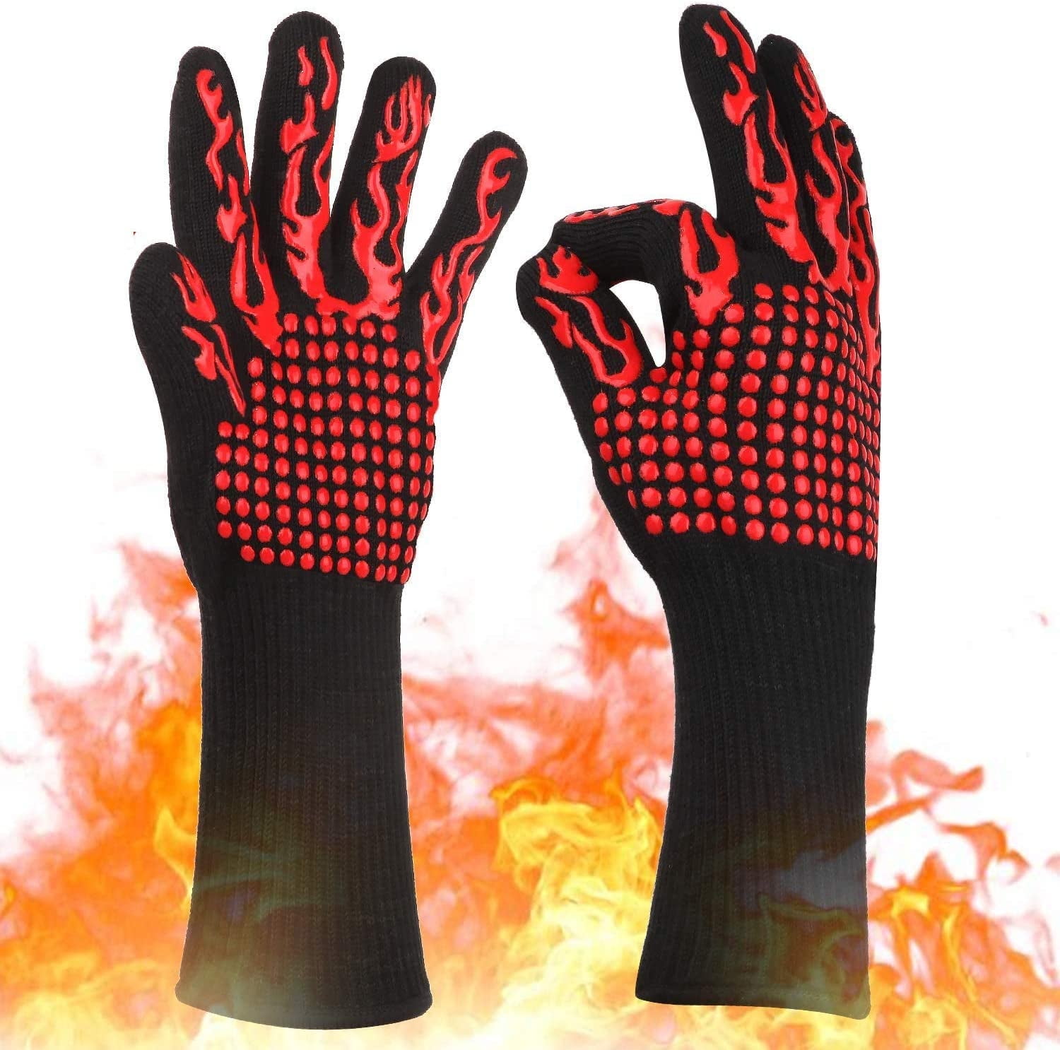 GLUAAE BBQ Gloves 1472℉ Extreme Heat Resistant Grill Gloves, Food Grade Kitchen Oven Mitts, Silicone Non-Slip Cooking Gloves for Barbecue, Cooking, Baking, Weld