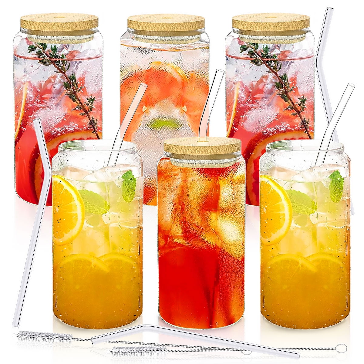 GLUAAE Glass Cups with Bamboo Lids and Glass Straw, Beer Can Shaped Drinking Glasses, Iced Coffee Glasses Ideal for Whiskey, Soda, Tea, Water, Gift (6 Pack, 16 oz)