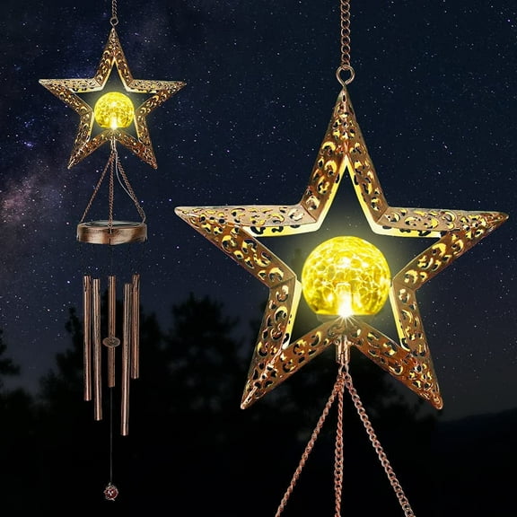 GLUAAE Outdoor Star Decor with Warm Light, Star Glass Ball Wind Chimes with Metal Tubes & Crackle Glass, Solar Wind Chimes Sympathy Wind Chimes, Outdoor Garden, Patio, Yard, Home Decor