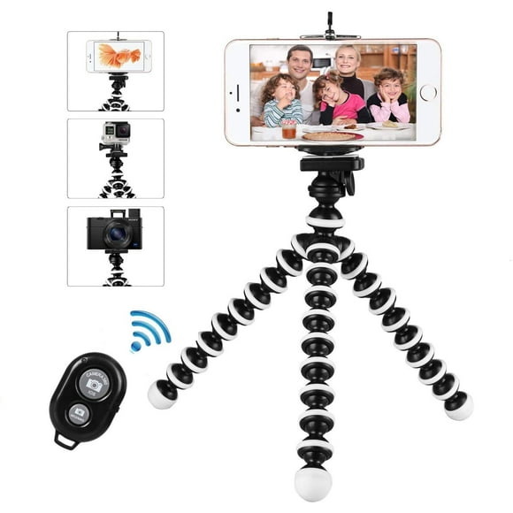 GLUAAE Phone Tripod Stand, Flexible Cell Phone Tripod Portable and Adjustable Camera Stand Holder with Wireless Remote Compatible for iPhone Android Phone Samsung Compact Digital Camera-BLACK