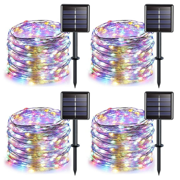 GLUAAE Solar Outdoor String Lights 100 LED Solar Powered Fairy Lights 33ft Flexible Copper Wire Auto On/Off 8 Modes Waterproof IP65 String Lights(Multicolor)-4Pack
