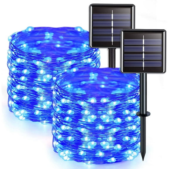 GLUAAE Solar String Lights Outdoor, Mini 33Feet 100 LED Copper Wire Lights, 8 Modes Solar Powered Fairy Lights, Waterproof Solar Decoration Lights(Blue)-2Pack