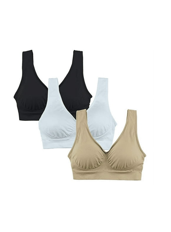 Women's 3-Pack Seamless Wireless Sports Bra with Removable Pads(Black/White/Beige-L)