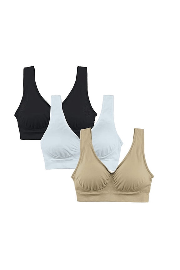 Women's 3-Pack Seamless Wireless Sports Bra with Removable Pads(Black/White/Beige-L)