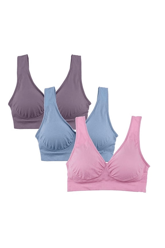 Women's 3-Pack Seamless Wireless Sports Bra with Removable Pads(Pink/Dark Purple/Blue-L)