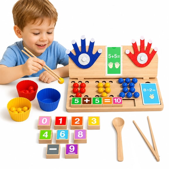 GLUAAE Wooden Counting and Math Learning Toy with Number Blocks, Counting Beads, Flash Cards, Sorting Cups and Tweezers, Educational Set for Kids Ages 3+