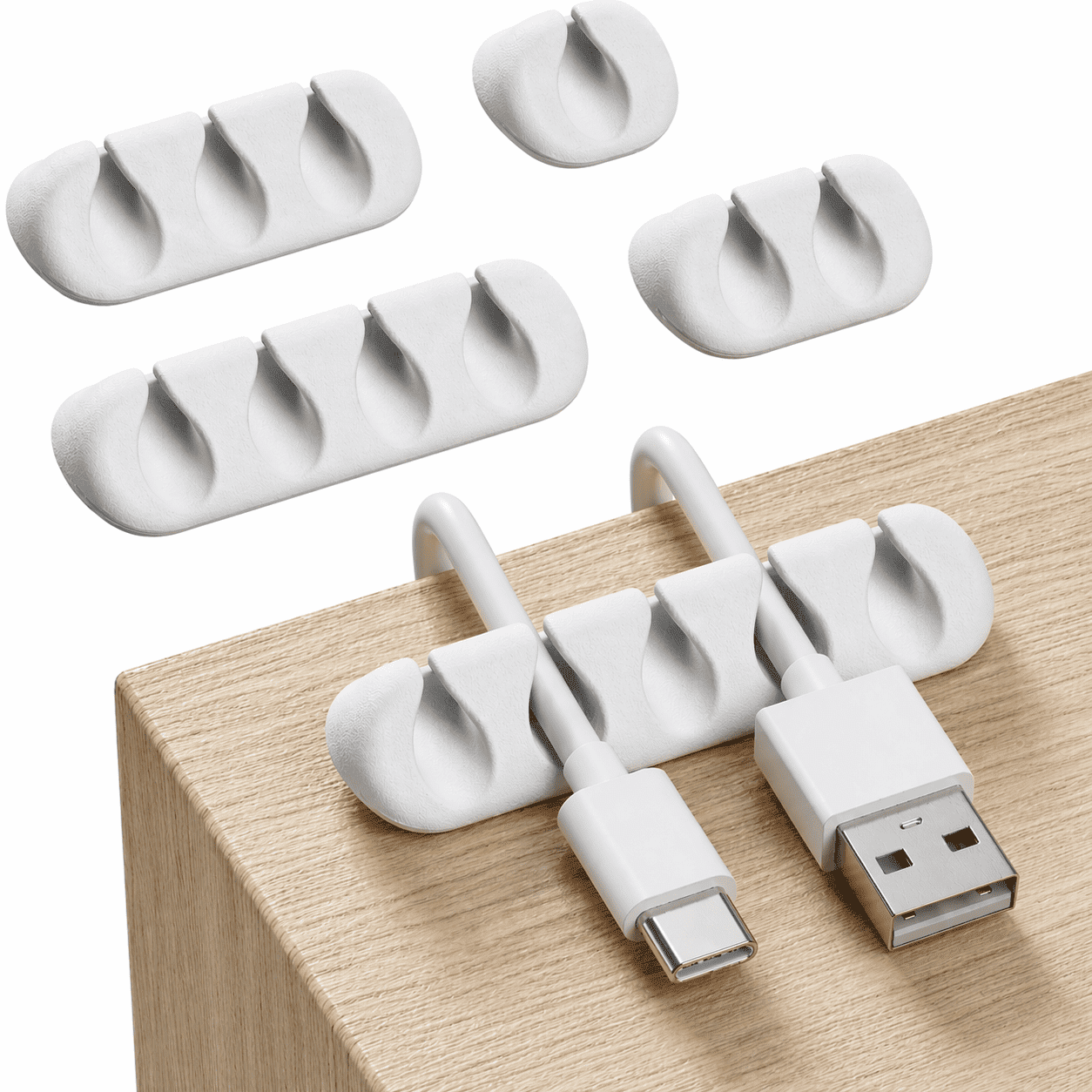 GLUIT Cord Organizer for Desk, Cable Holder for Nightstand, Charger Organizer, Adhesive Desktop Wire Clips, Multislot Cable Management, Table Organizer Accessories - 5 Pack, 15 Slots, White