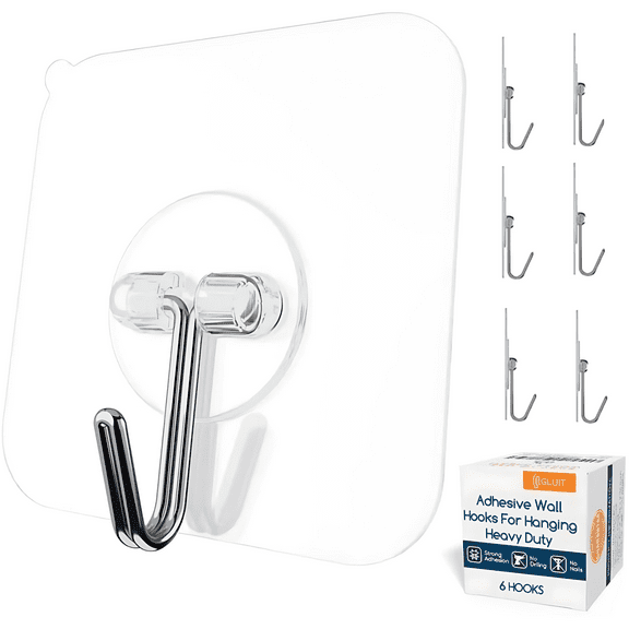 GLUIT Adhesive Wall Hooks for Hanging Heavy Duty 22 lbs, Towel Hooks, Stainless Steel, PVC, 6 pack