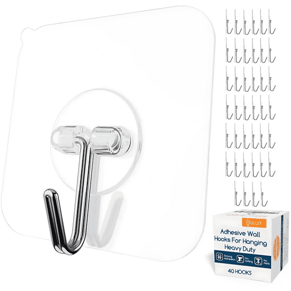 GLUIT Adhesive Wall Hooks for Hanging Heavy Duty 22 lbs, Towel Hooks, Stainless Steel, PVC, 40 pack