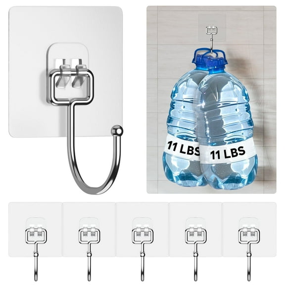 GLUIT Large Adhesive Wall Hooks for Hanging Heavy Duty 22 lbs, Towel Hooks, Stainless Steel, PVC, 6 pack