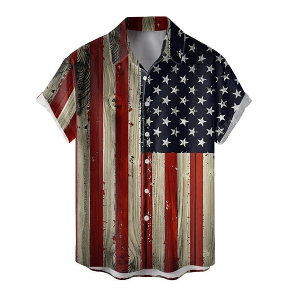 GLVSZ Men's Vintage Bowling Shirt Retro 4-Way Stretch Short Sleeve Button Down T-Shirts 4th of July American Flag Hawaiian Shirts for Independence Day