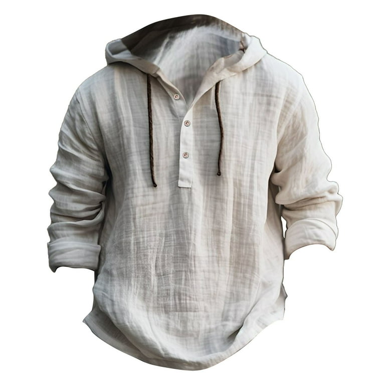 GLVSZ Mens Cotton Linen Hooded Shirts Casual Loose Button V Neck Long  Sleeve Hoodies Pullover Drawstring Lightweight Hooded Henley Shirts