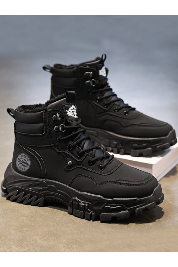 Men's Black Fur-Lined High-Top Winter Boots Non-Slip Warm Outdoor Boots with Thick Lug Sole for Cold Weather and Hiking