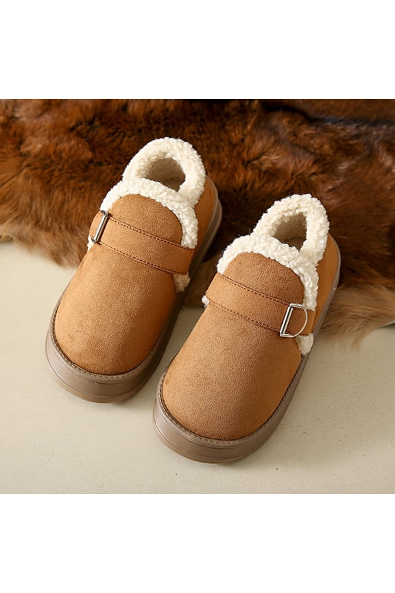 Women's Tan Suede Fur-Lined Slip-On Slippers with Buckle Strap Cozy Winter House Shoes for Indoor and Outdoor Use