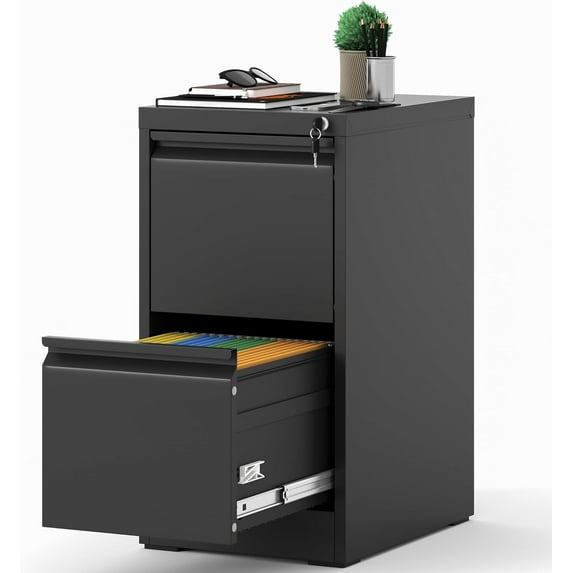 GLZ'HOME 2 Drawer File Cabinet with Lock, Metal Black Filing Cabinet for Home Office, 18" Deep Heavy Duty Vertical Storage Cabinet for Hanging A4/Letter/Legal Size Files, Assembly Required