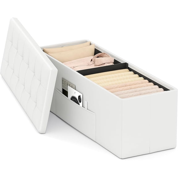GLZ'HOME 43 Inches Folding Storage Ottoman , PU Leather End of Bed  with Padded Seat and Side Pocket, Large Foot Rest Stool, Storage Chest for Entryway, Living Room, Bedroom, White