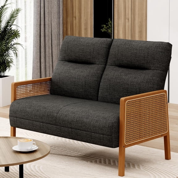 GLZ'HOME 48" Mini Couch Mid Century Small Loveseat with Rattan Arms Upholstered Linen High Back Sofa Couches for Living Room Bedroom Dining Room Grey