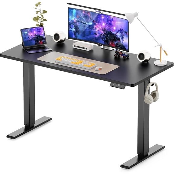GLZ'HOME 48x24 Inches Height Adjustable Electric Standing Desk with 2 Hooks for Home Office, Ergonomic Sit Stand up Desk with Splice Board, Black