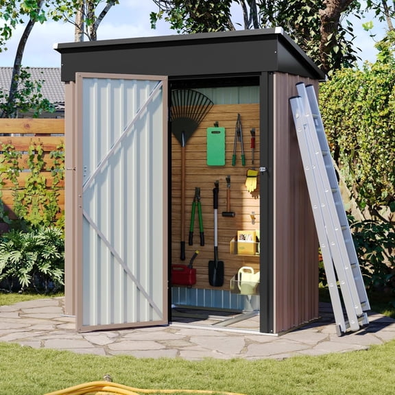 Aoxun 5’ x 2.9’ Shed Outdoor Storage Shed with Base Frame & Lockable Doors & Slooping Roof Metal Garden Tool Shed for Backyard, Patio, Poolside (Brown)