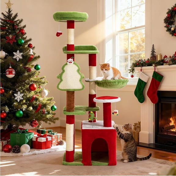 GLZ'HOME 55.1in Christmas Cat Tree Tower for Indoor Cats, Multi-Level Cat Condo with Sisal Scratching Posts, Cozy Hammock & Top Perches, Red & Green Holiday Pet Play House for Large Cats and Kittens