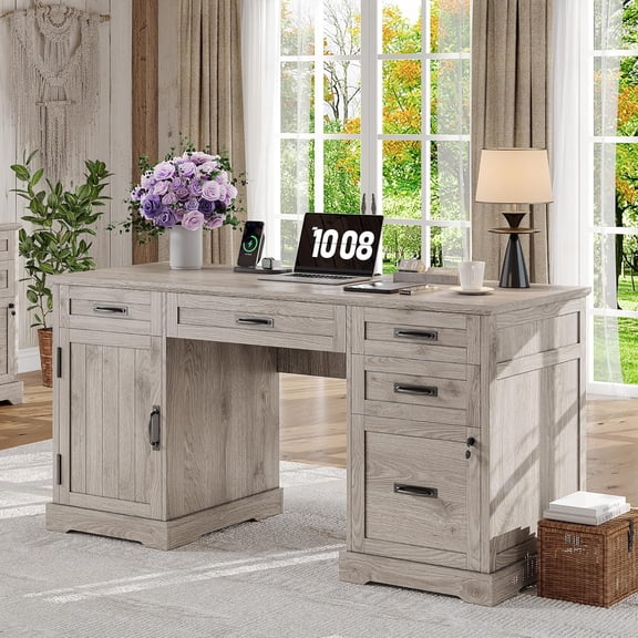GLZ'HOME 55'' Farmhouse Desk Home Office with Drawers, Executive Computer Desk Wooden with File Cabinet and Charging Station, White Wash Gray